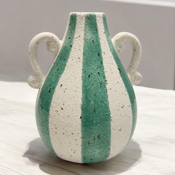 Pottery Vase Stripes Green White Handles Home Decor Speckled - Picture 2 of 5